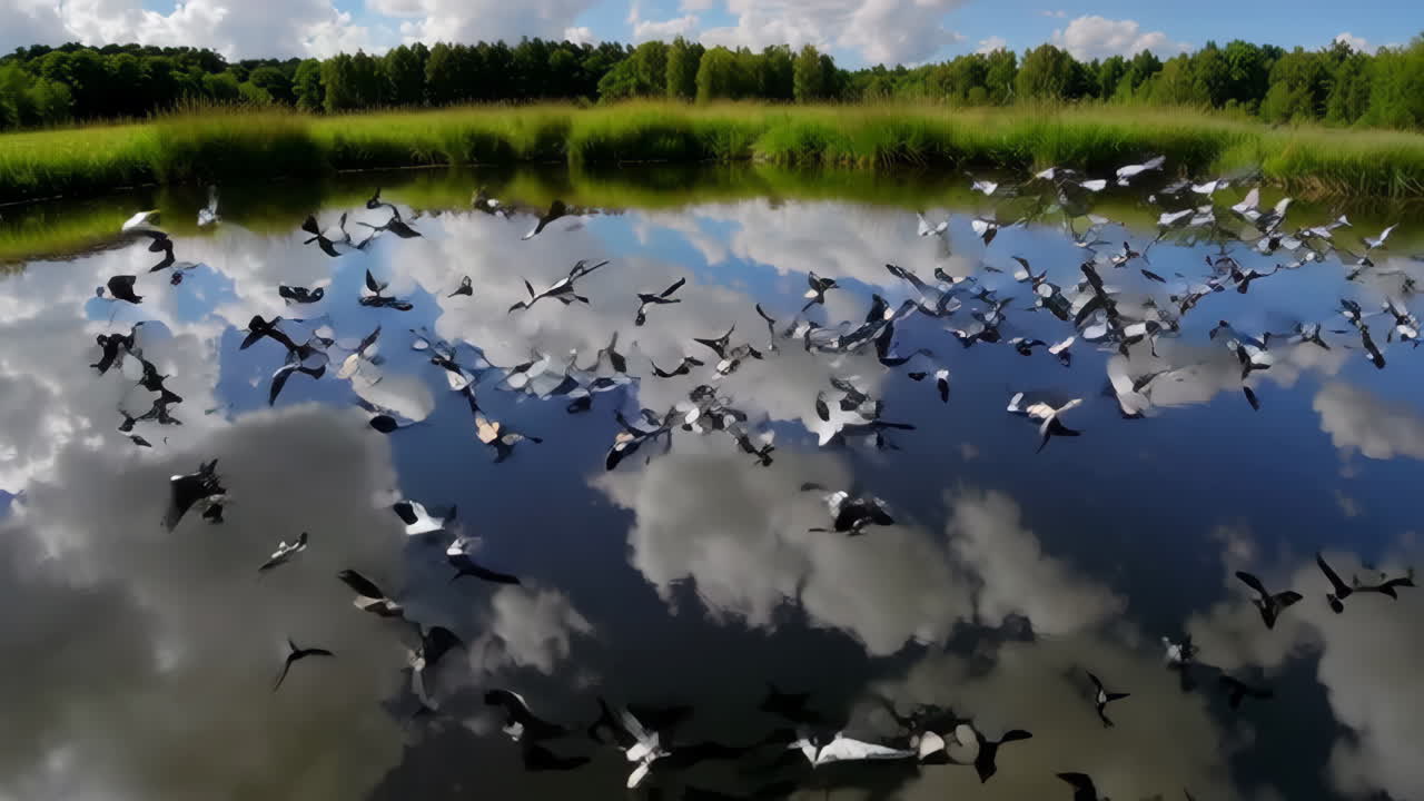 una bandada de pájaros volando sobre un estanque