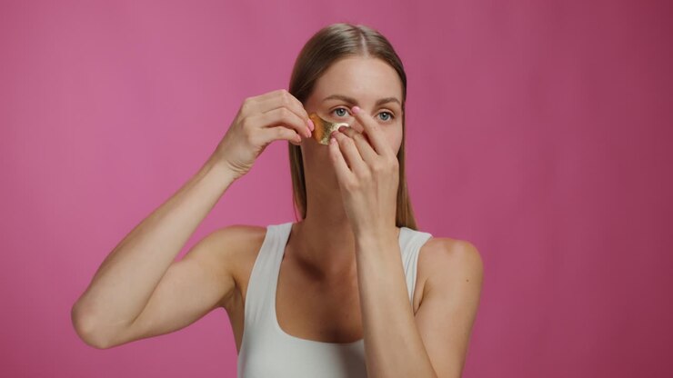 Woman Applying Gold Eye Patches for Skincare