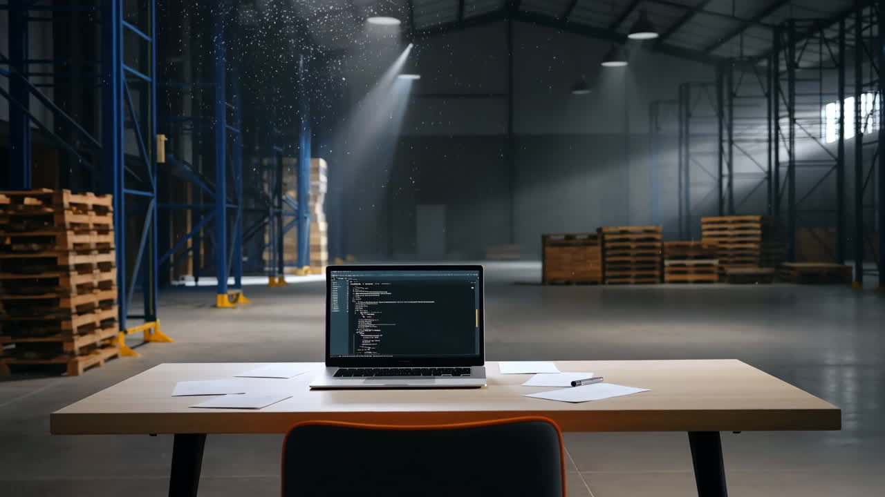 Laptop with Code in a Solitary Warehouse Workspace