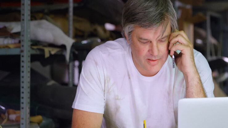 Male mechanic talking on mobile phone while using laptop 4k