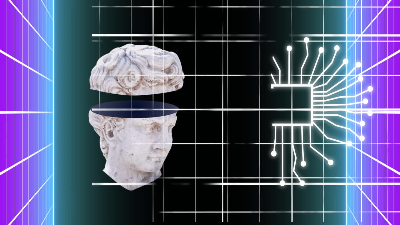 Ancient sculpture with brain and circuit board animation over grid background