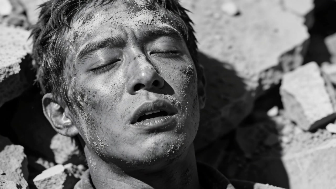Lying adult man breathing shallowly among concrete rubble after collapse, in collared shirt