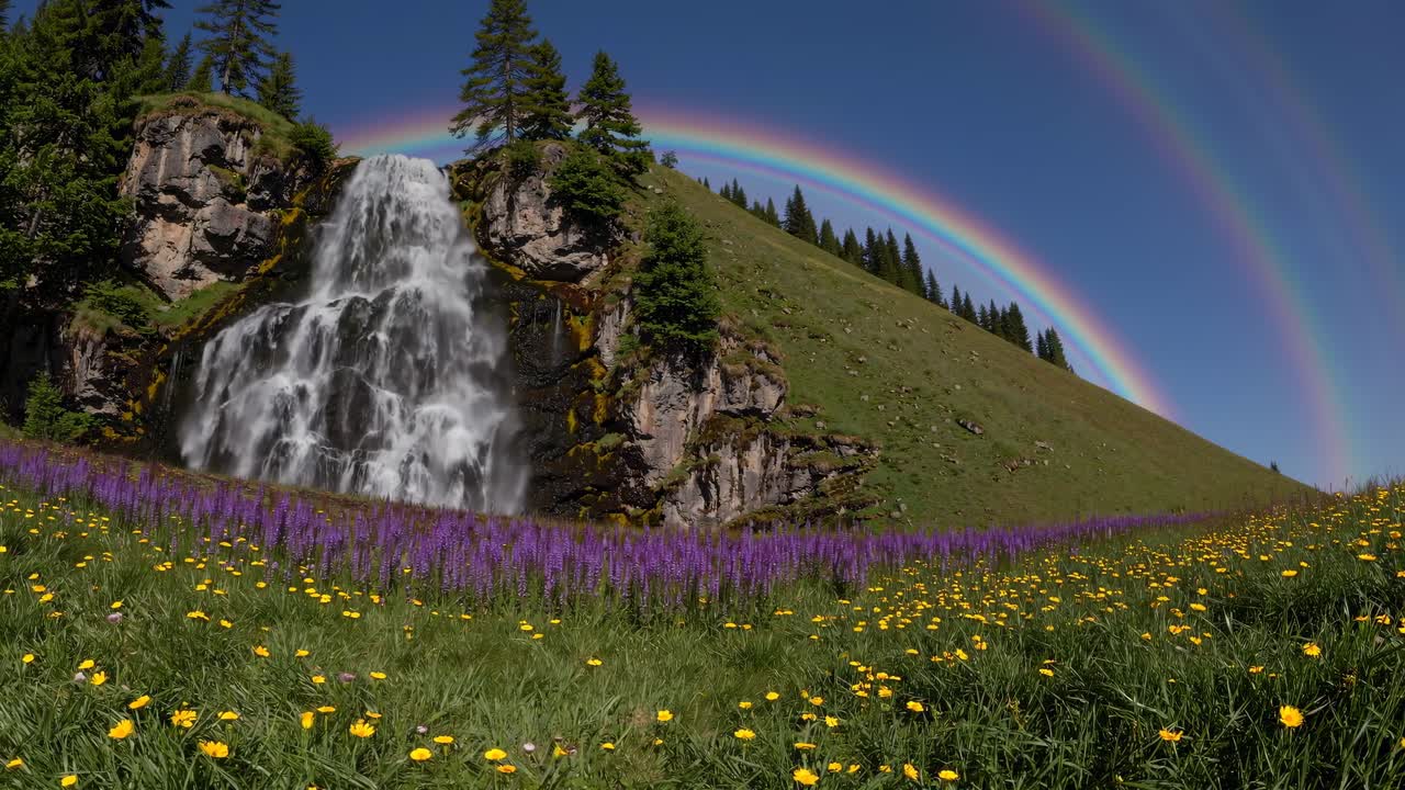 A serene nature video showcasing a waterfall under a double rainbow, with vibrant wildflowers