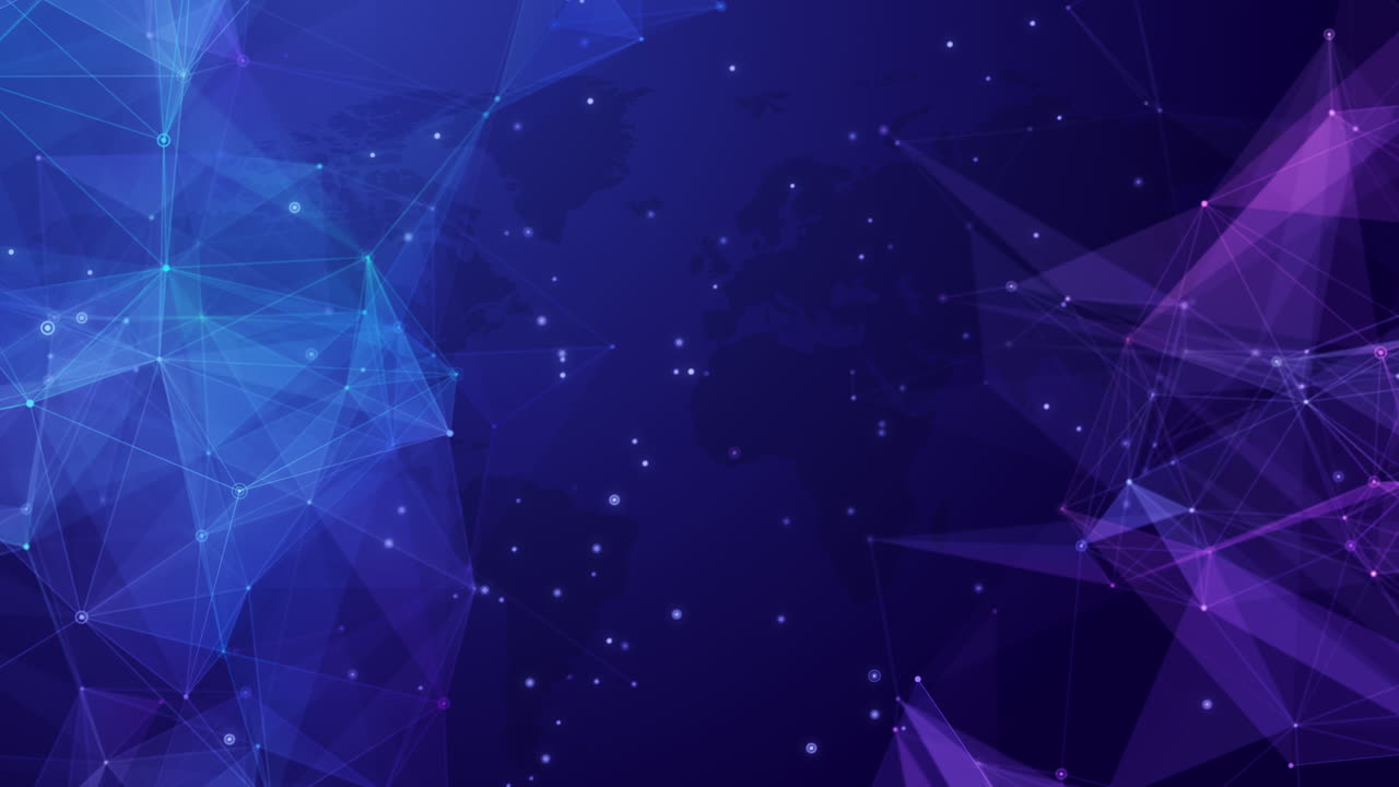 Abstract mash line and point scales on dark blue background with map of world. Polygonal network line, dot and structure. Loop motion graphic.