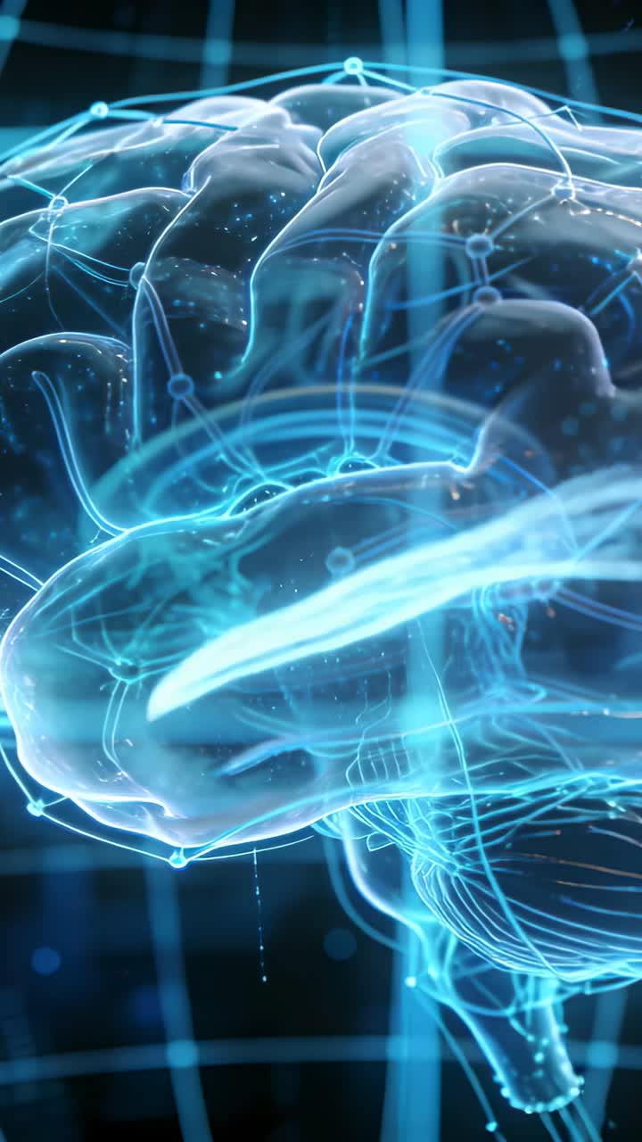 Holographic brain rotating while signal streak entering temporal lobe activating nodes for health