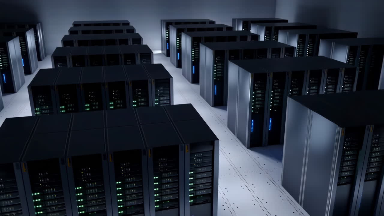 Server Room Data Center with Rows of Computer Server Racks