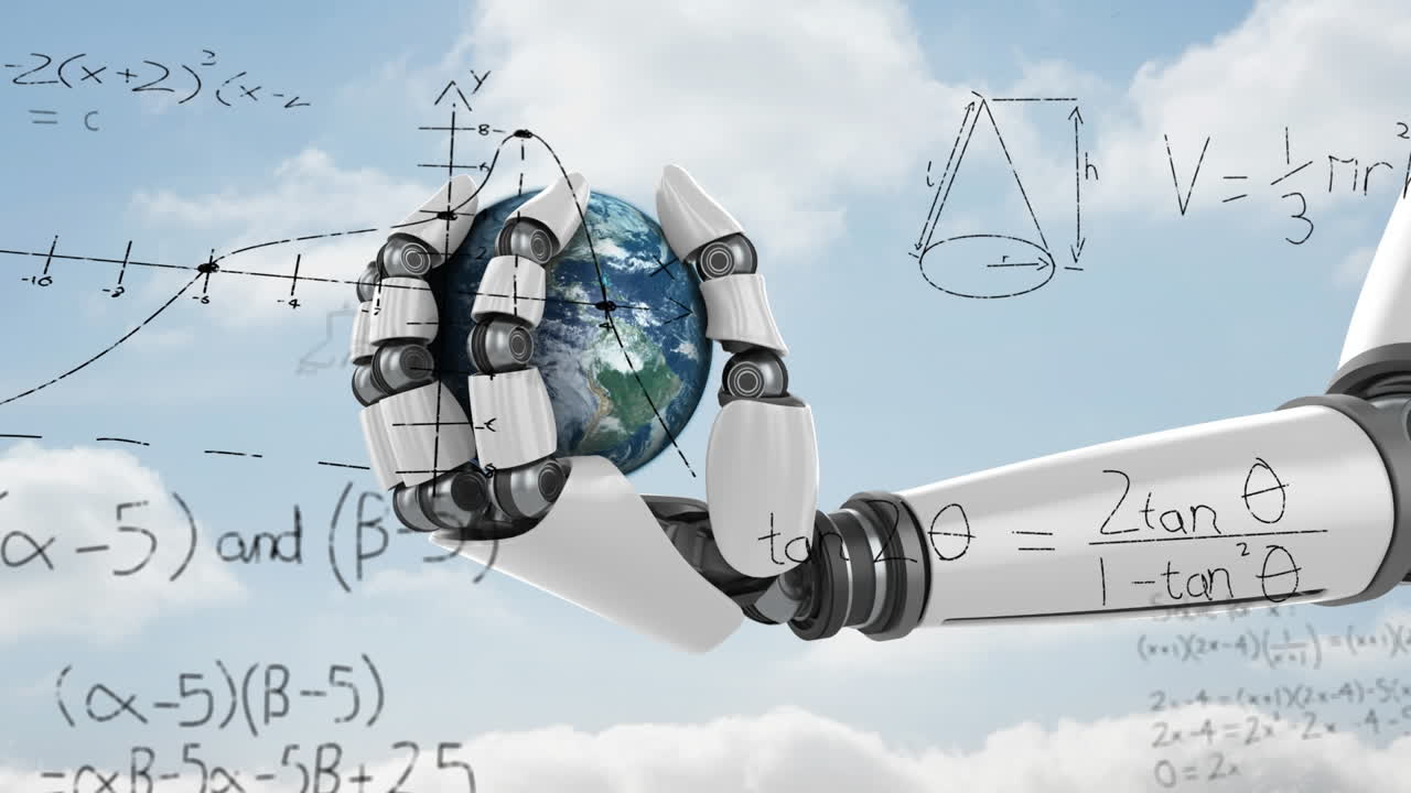 un'equazione matematica e una mano robotica che tiene un globo.