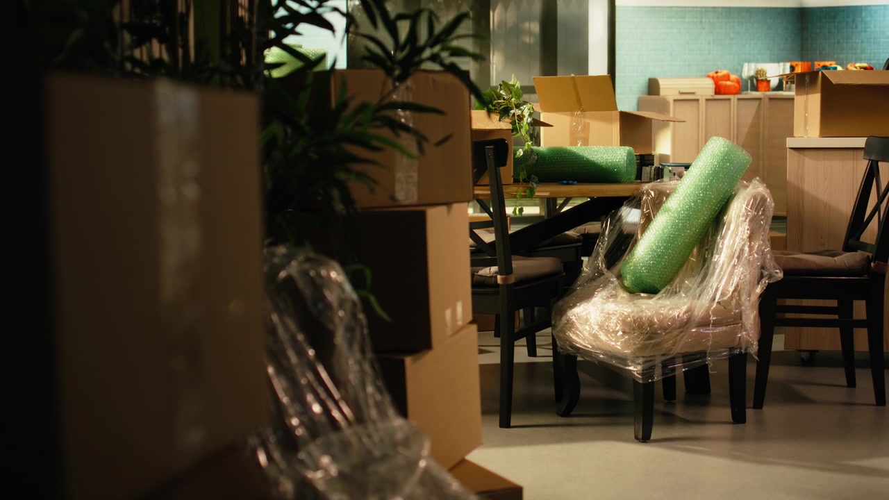 Furniture Wrapped in Plastic for Moving in a Home