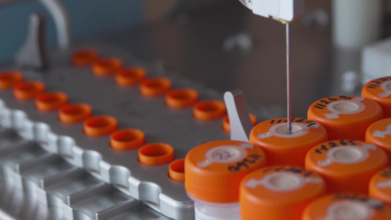 의료 실험실에서 클로즈업 로 ⁇ 은 바늘로 난자를 인공적으로 수정하는 절차를 수행합니다.