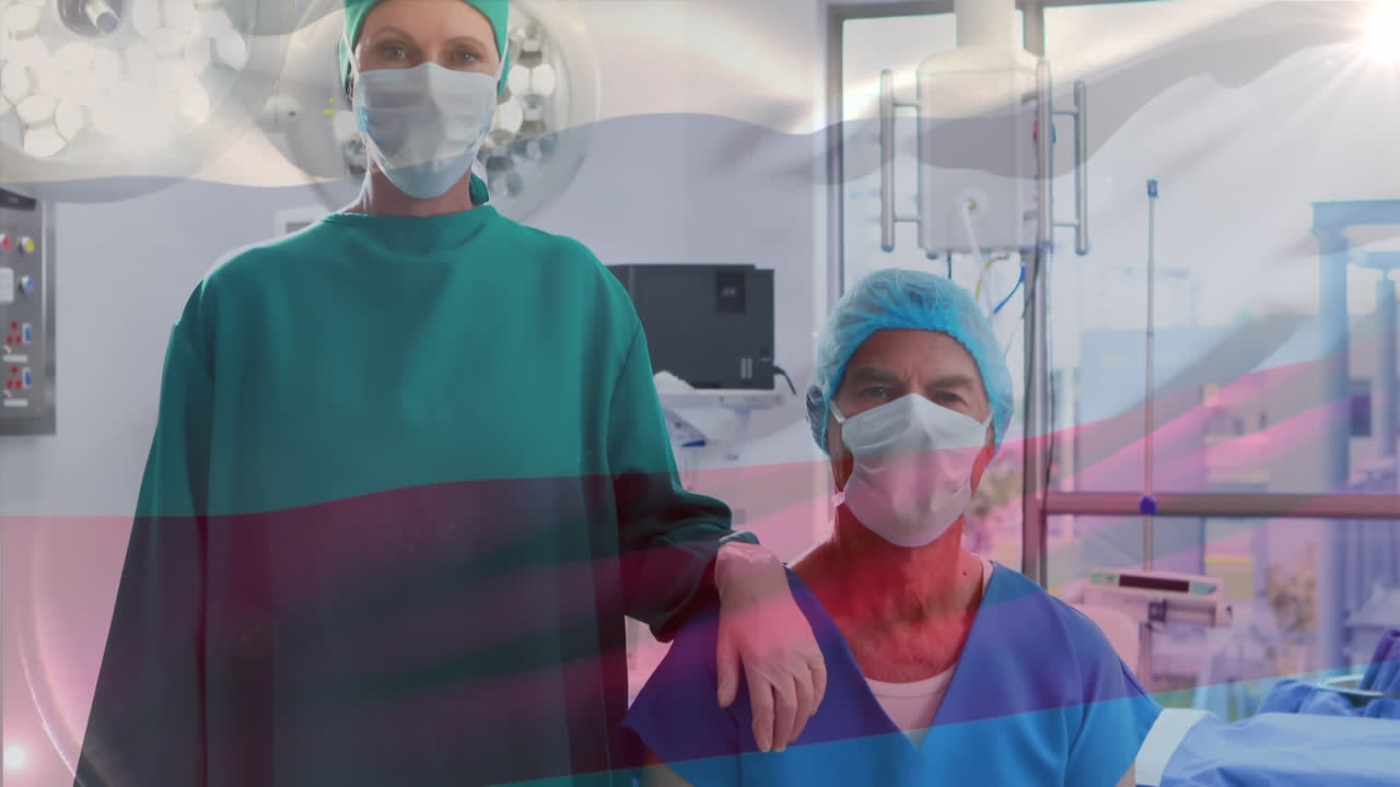 animación de la bandera de rusia ondeando sobre el cirujano en el quirófano