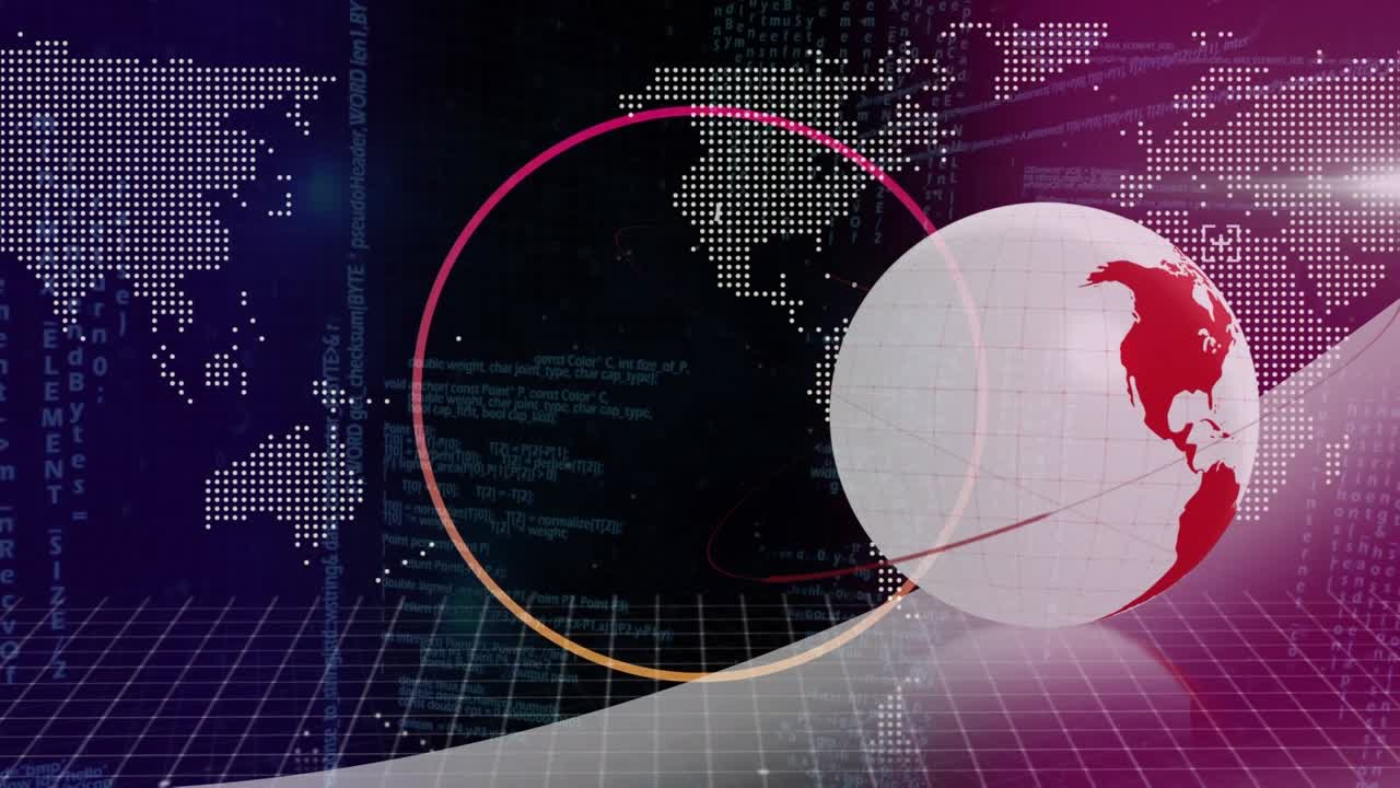 Animation of globe and world map over data processing on black background