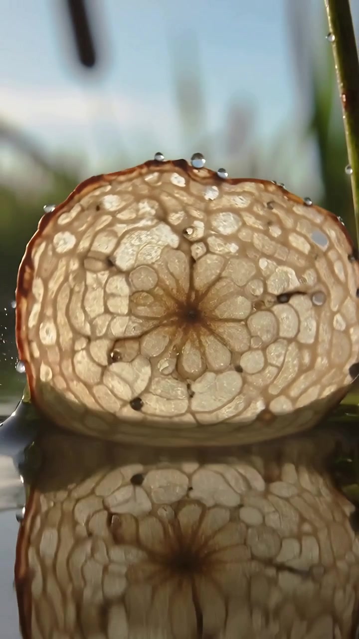 Video verticale: Brezza che spinge una fetta traslucida, che galleggia su uno stagno, goccioline che cadono, canna visibile.