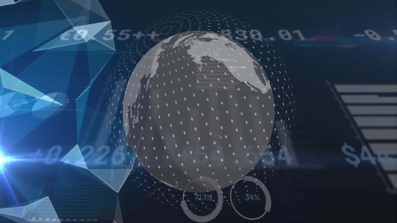 Animation of ai data, chat, statistics and icons over globe and binary coding