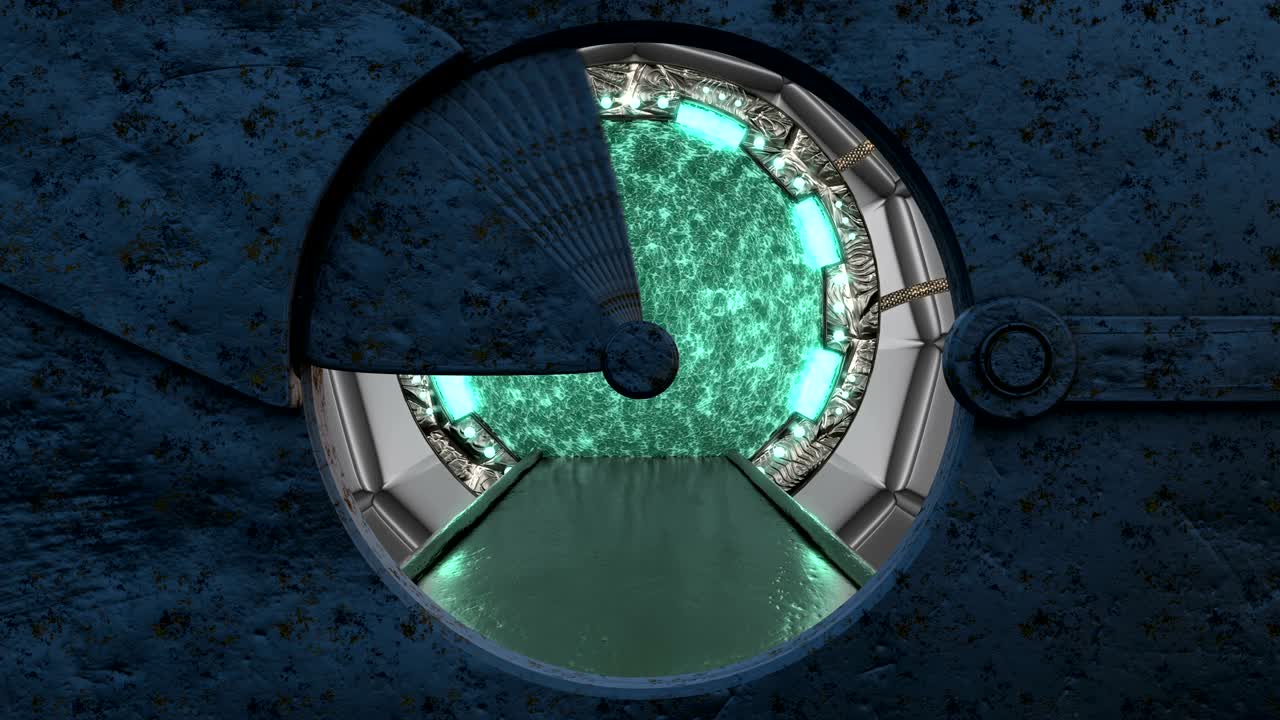 iron rusty hatch는 우주선 풍경 장면에 대한 파노라마 뷰를 열고, 포털과 함께 공상 과학 복도의 3d 추상적인 배경, 기술 제목과 배경에 대한 미래 기술 추상적 vj.