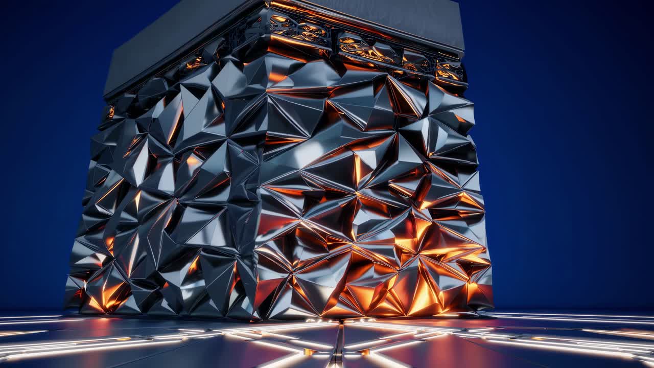 Futuristic metallic Kaaba inspired structure with glowing cracks stands on a floor with glowing lines under a blue sky, creating a mesmerizing blend of tradition and innovation