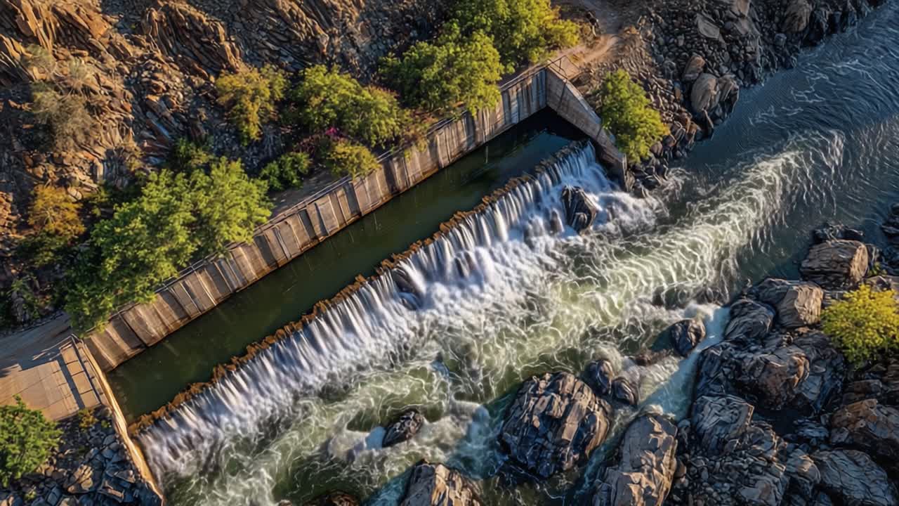 Betagende luftfotos af et fredfyldt vandfald og en klippefyldt flodbred, der indrammer en harmonisk naturscene.