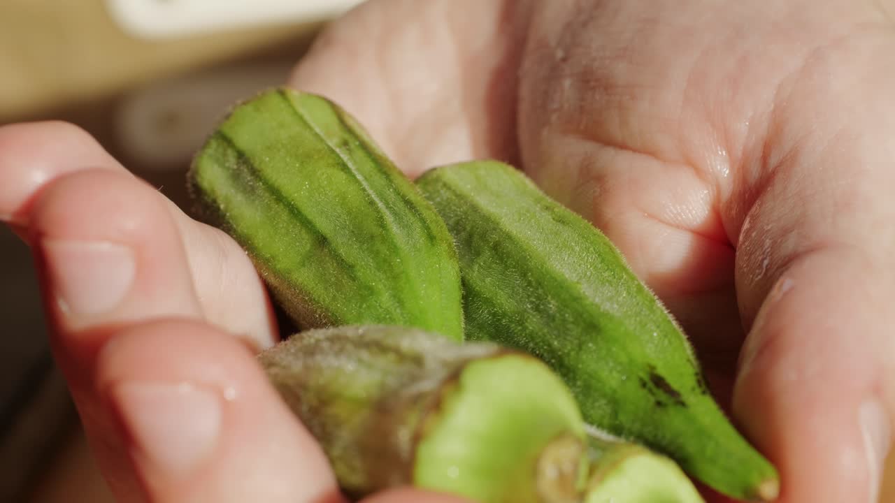 Hands Holding Fresh Okra