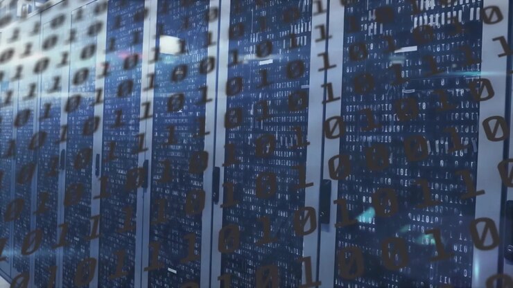 Camera panning by tech racks, causing binary drifting and LEDs flashing, showing data flow