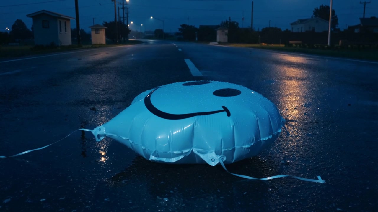Partially deflating teal round balloon settling on wet road at dusk, with ribbon and reflections