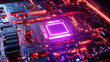 un primer plano de una placa base de computadora con luces rojas y azules
