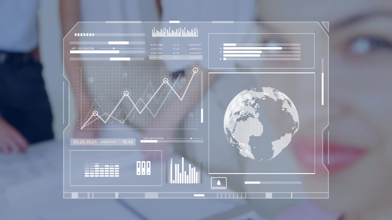 Team of three starting HUD as fourth joining analyzing business trend ending with smiling closeup