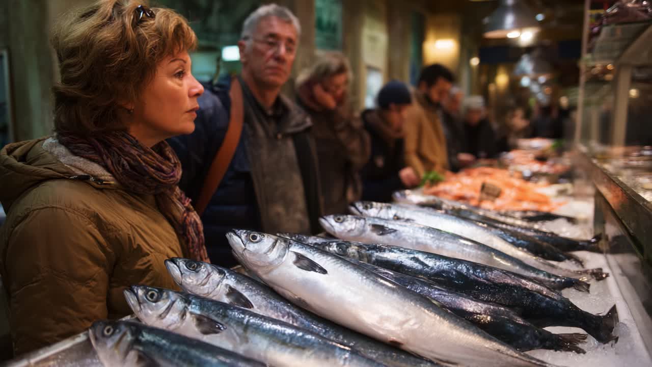 Una donna esamina del pesce fresco in un mercato vivace, mostrando una vivace esposizione di frutti di mare che cattura acquirenti e spettatori in un'atmosfera animata