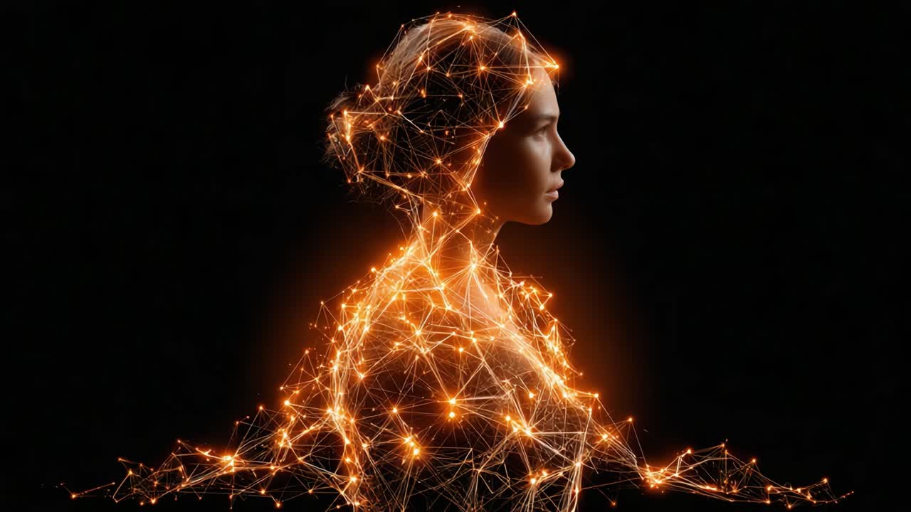 Una splendida fusione di tecnologia e arte: una silhouette illuminata di una donna incarna un'affascinante rete di luce e connessione