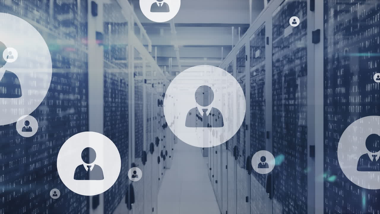 Animation of multiple profile icons floating and light spot against computer server room