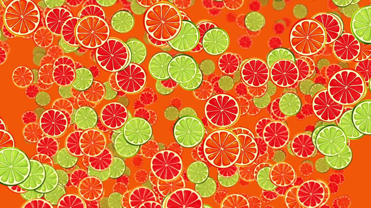 Fette colorate di arancia, lime e pompelmo che cadono in un'animazione a cartone animato dal motivo denso e giocoso.