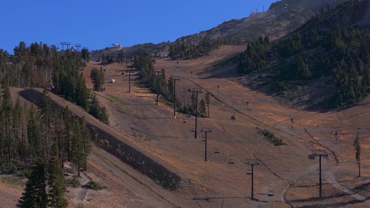 Mammoth Lakes Mountain Ski Area aerial drone California McCoy Station Main lodge halfpipe Upper Panorama Gondola summer autumn fall sunny blue sky chairlift gondola ski trails static shot