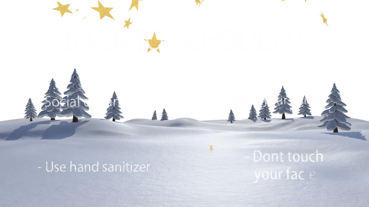 Animation of snowy landscape with trees, highlighting back-to-school safety tips