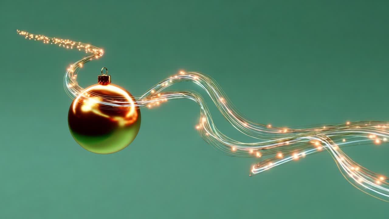 A mesmerizing visual of a glowing golden ornament gliding through a stream of sparkling lights, capturing the essence of festive joy and holiday spirit in an enchanting and vibrant display