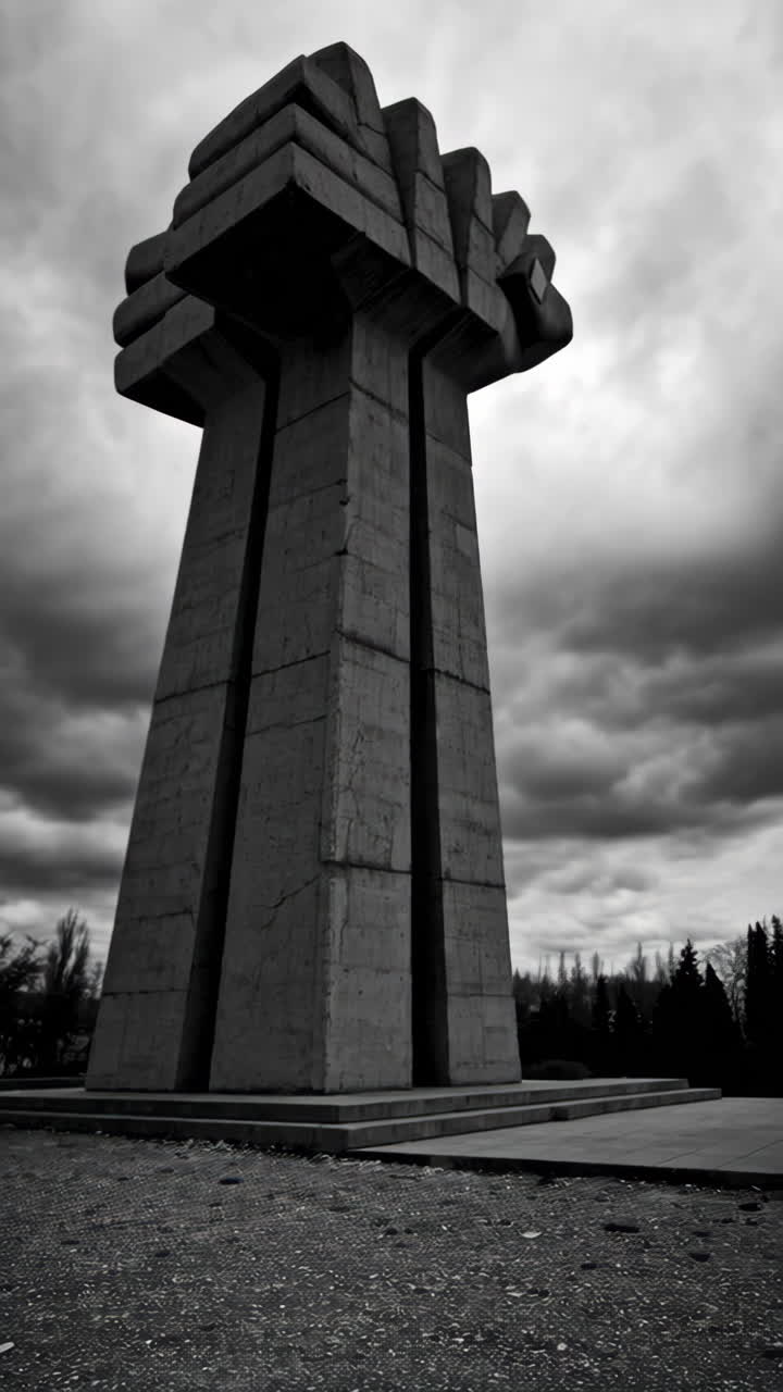 Monumento brutalista in cemento e dettagli materici in monocromia