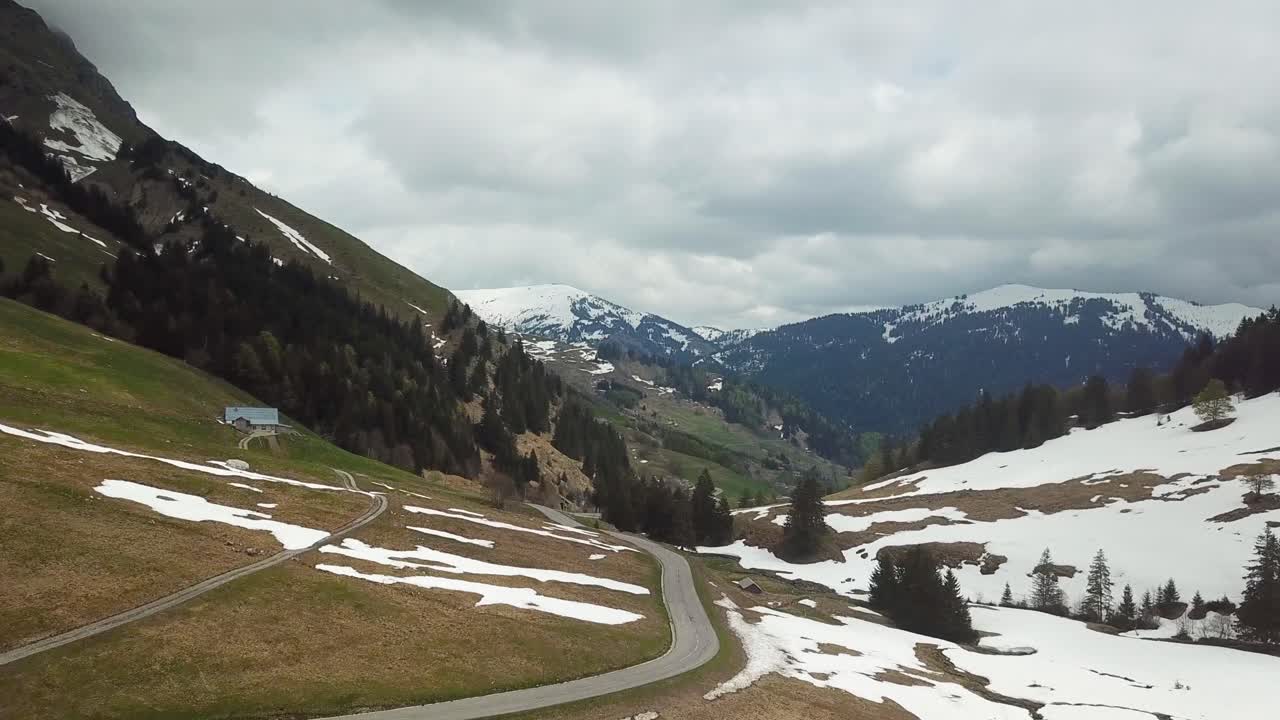 Mountain roads through Chamonix French Alps, aerial view