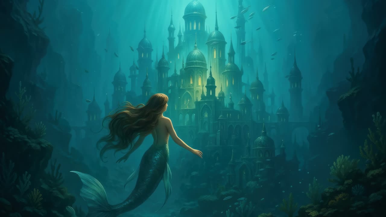 En mystisk undervandsscene med en havfrue, der svømmer mod et lysende slot