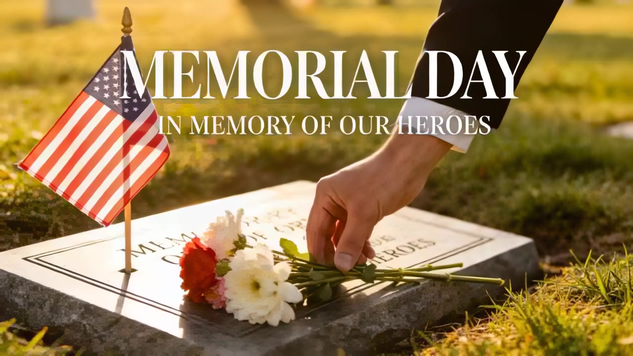 Placing hand in suit adjusting bouquet on grave beside US flag during Memorial Day honoring heroes