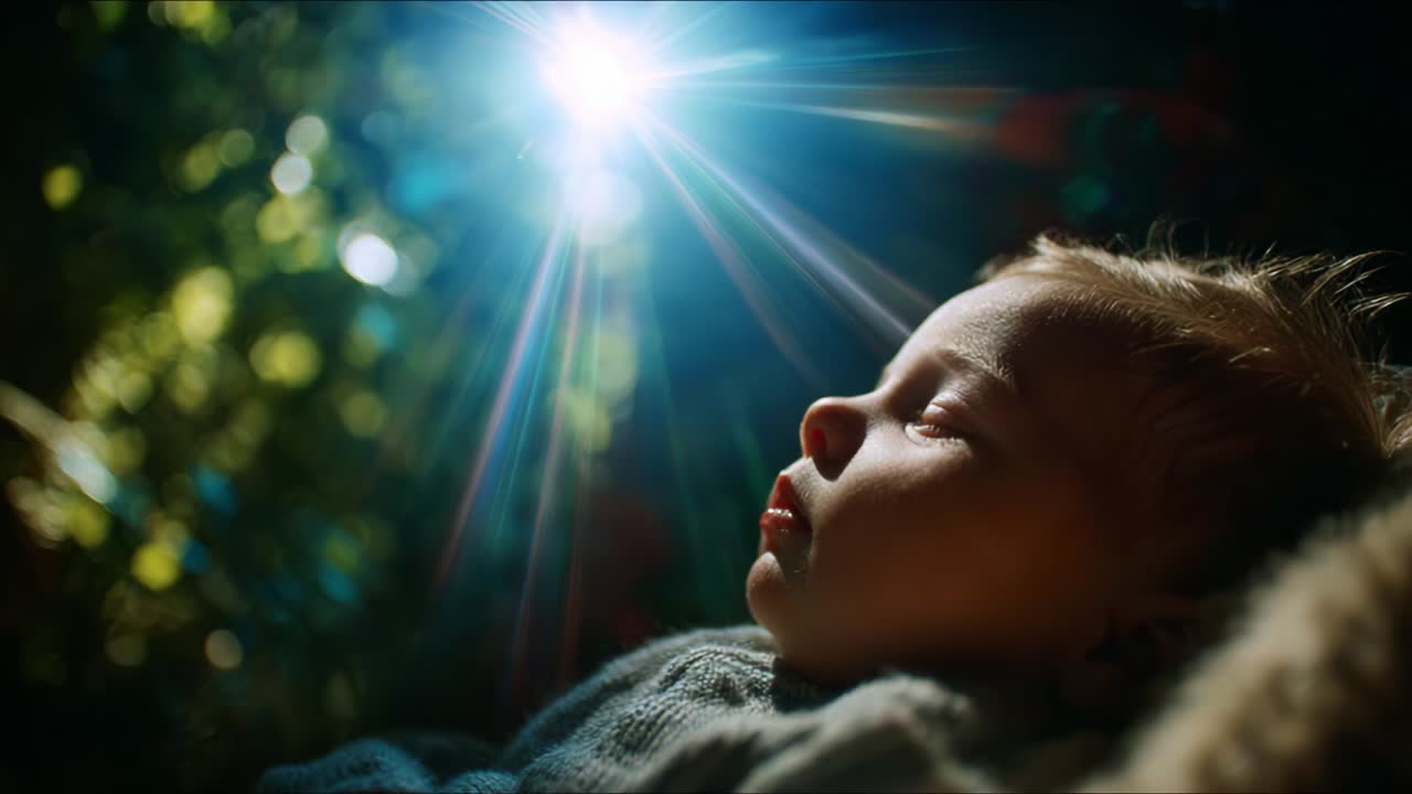 Um momento sereno de felicidade: uma criança dormindo tranquilamente sob a luz suave do sol com um leve reflexo da lente, cercada por uma natureza exuberante, evocando calma e inocência no coração da natureza selvagem.