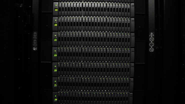 Digital storage redundant array server for cloud and virtual machines, Wide dolly in shot