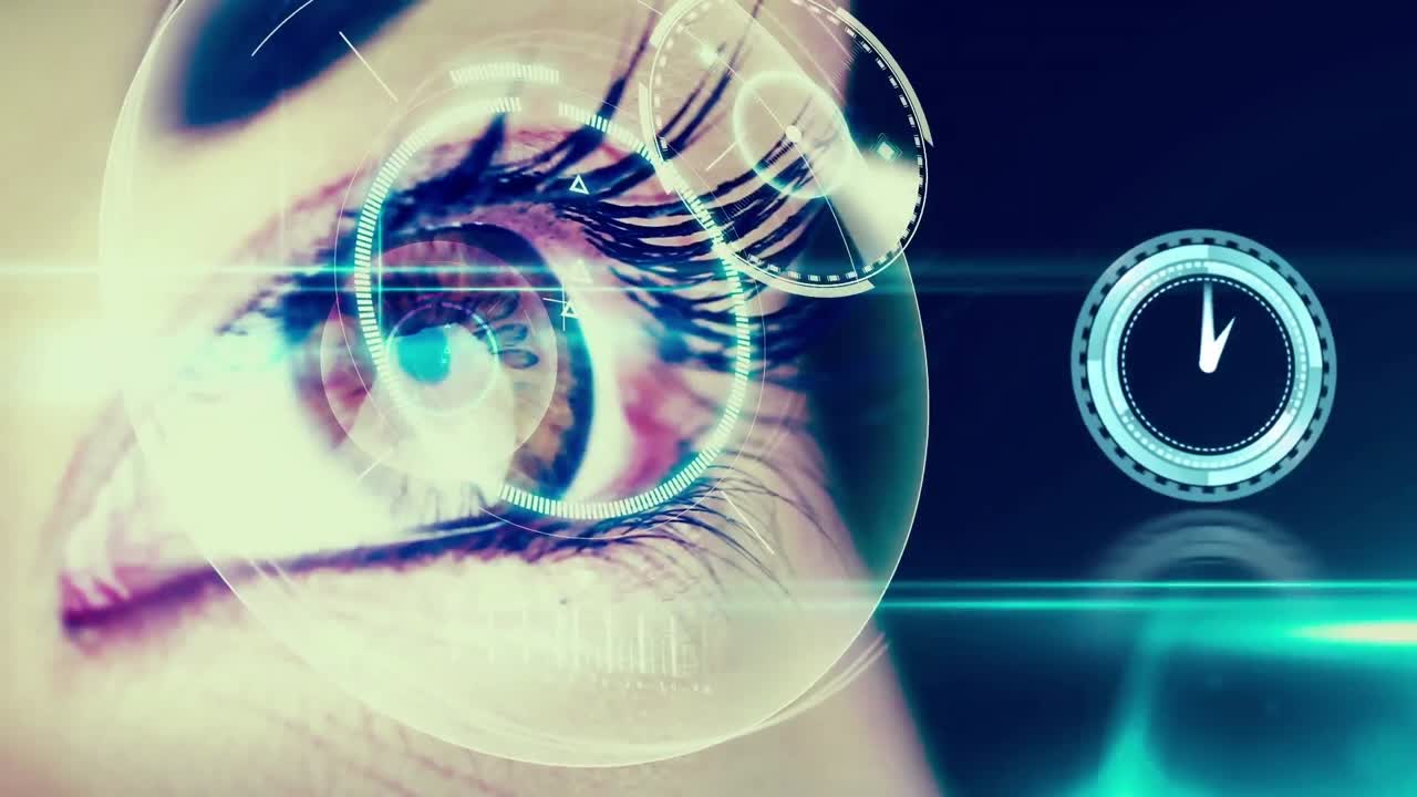 Animation of digital interface and clock over woman's eyes