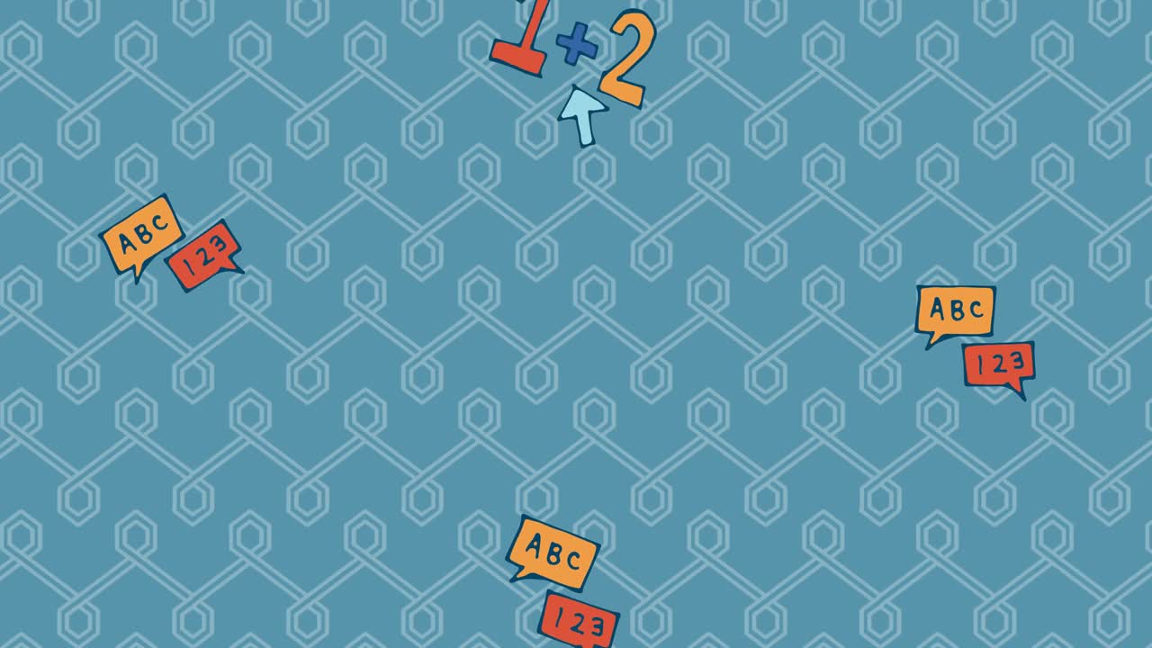 múltiples números y iconos de alfabetos que caen contra un patrón sin costuras sobre un fondo azul