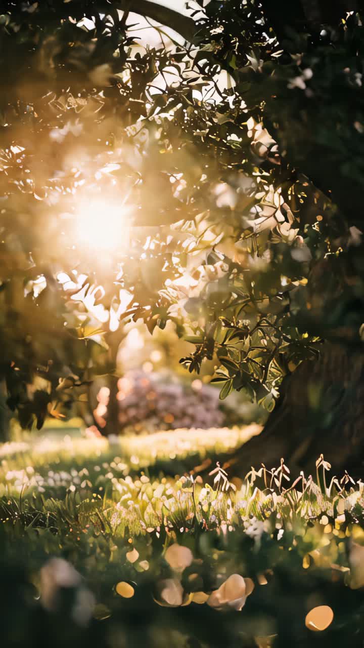 Grass meadow with a lot of snowdrops, golden hour, light from behind, pink small flower