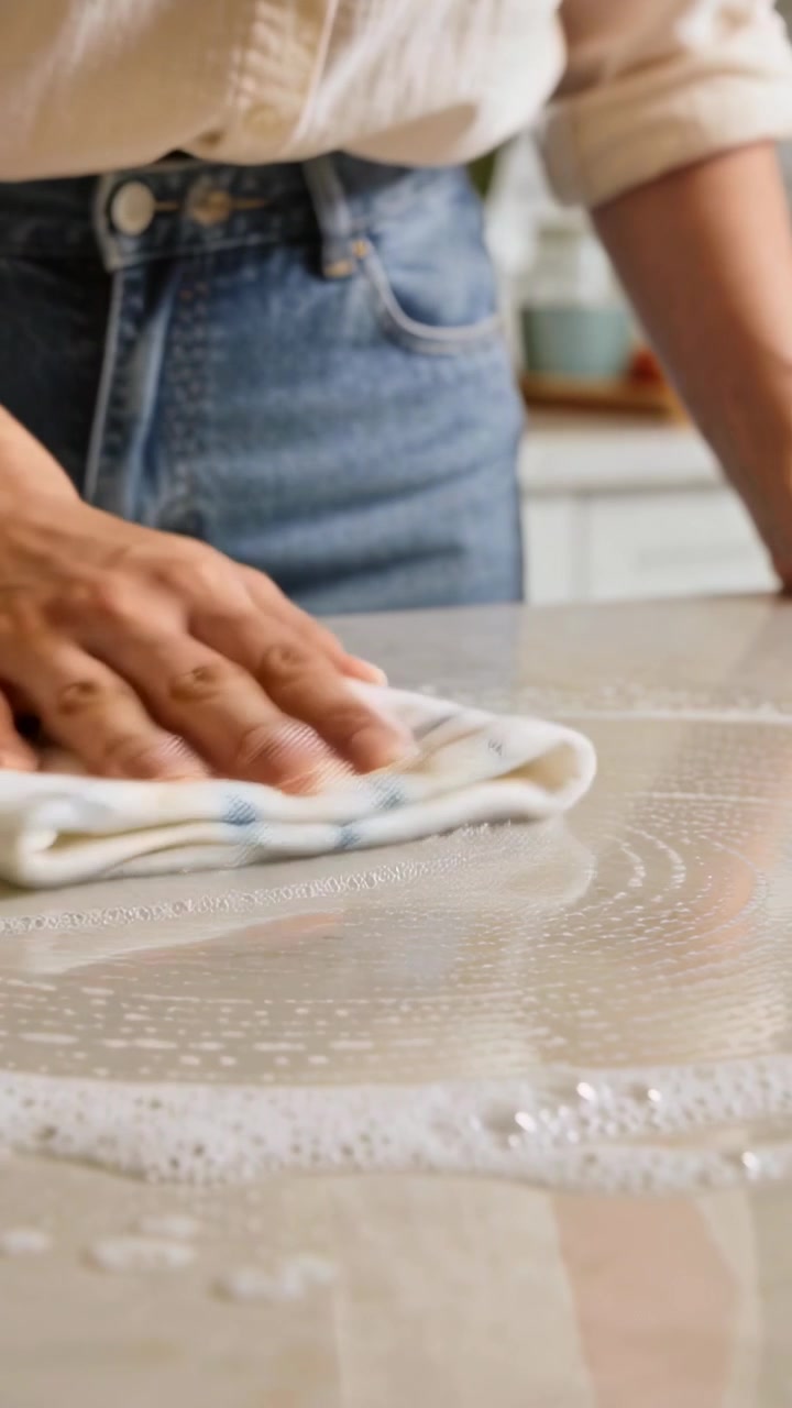 Vertical video: Wiping woman in light top and jeans reacting to soapy kitchen counter, moving cloth