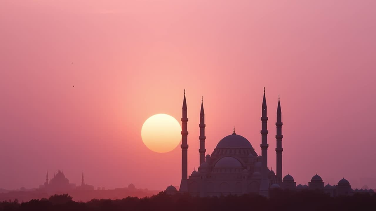 Maestosa sagoma di moschea contro un cielo al tramonto vibrante rosa e arancione