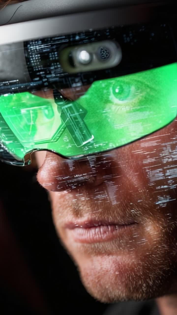 A Close-Up View of an Individual Wearing Augmented Reality Glasses Displaying Complex Data and Information Overlays in a Futuristic Setting