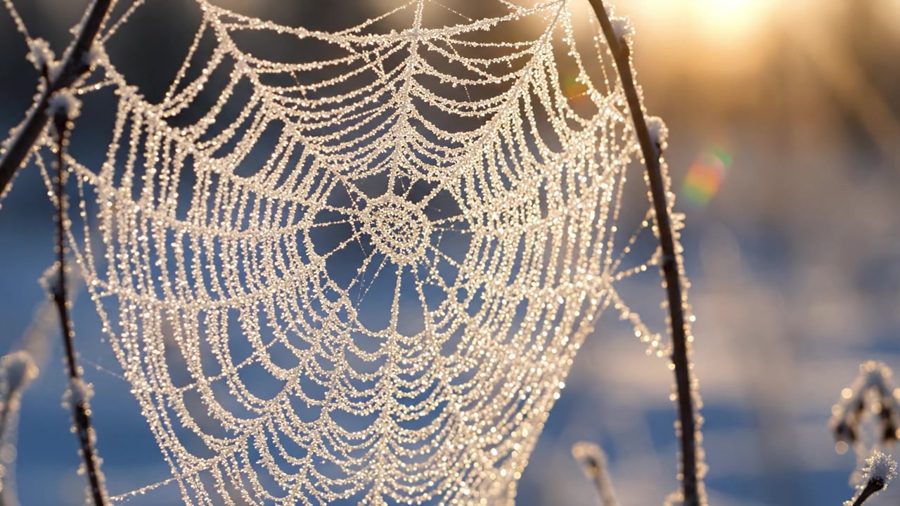 Una ragnatela brinata incantevole scintilla alla luce del mattino, mostrando la complessa bellezza della natura e gli effetti della rugiada dovuti al freddo mattutino.