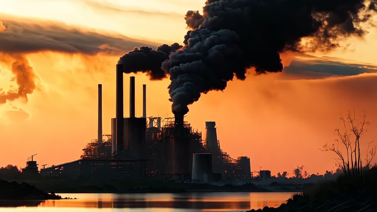 una fabbrica con fumo che esce dai camini al tramonto