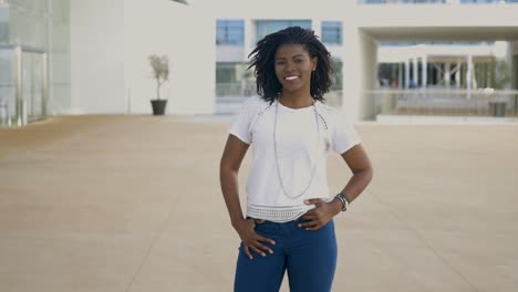 Hermosa-Mujer-Afroamericana-Sonriente-Posando-Al-Aire-Libre.