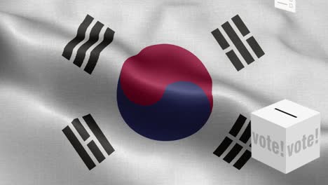 las boletas vuelan a la caja para corea del sur selección - caja de votación frente a la bandera - elección - voto - bandera de corea del sur - bandera de korea del sur alto detalle - bandera nacional de corea del sud patrón de onda elementos loopables - textura de tela y bucle sin fin