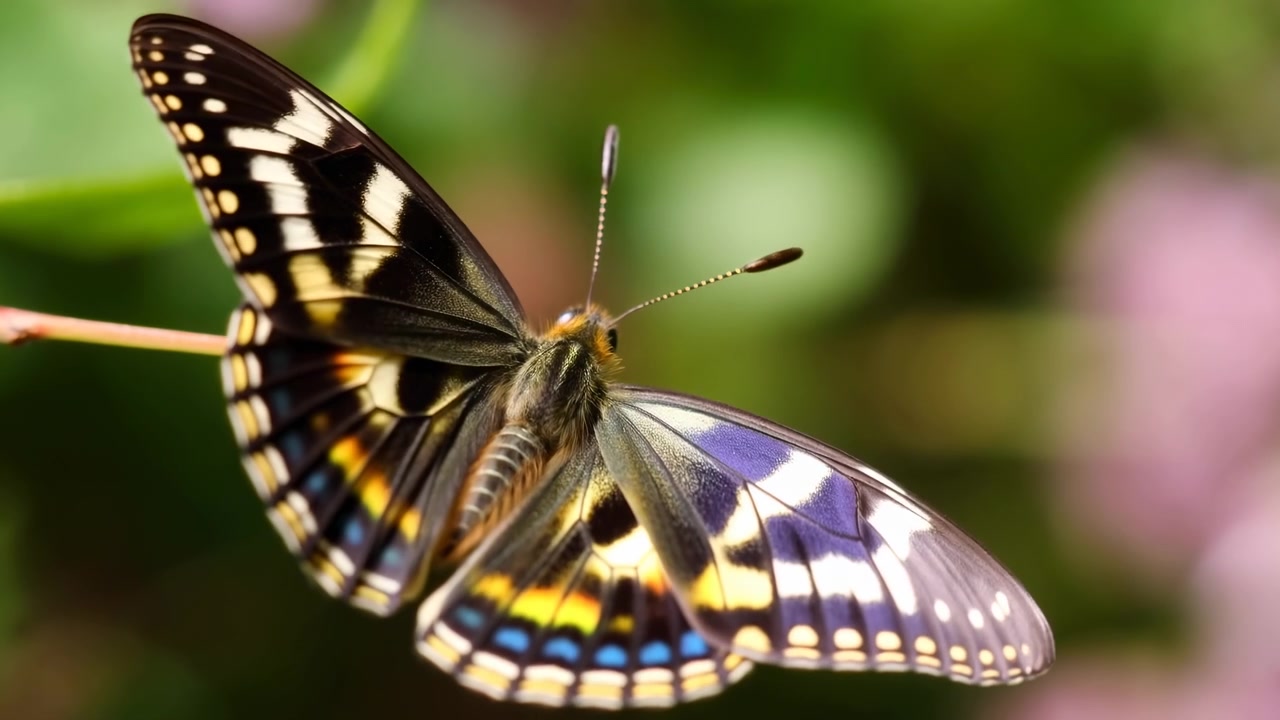 Farfalla a coda di rondine appollaiata su un ramoscello in primo piano, motivi vivaci e bokeh floreale, fasce alari blu e gialle