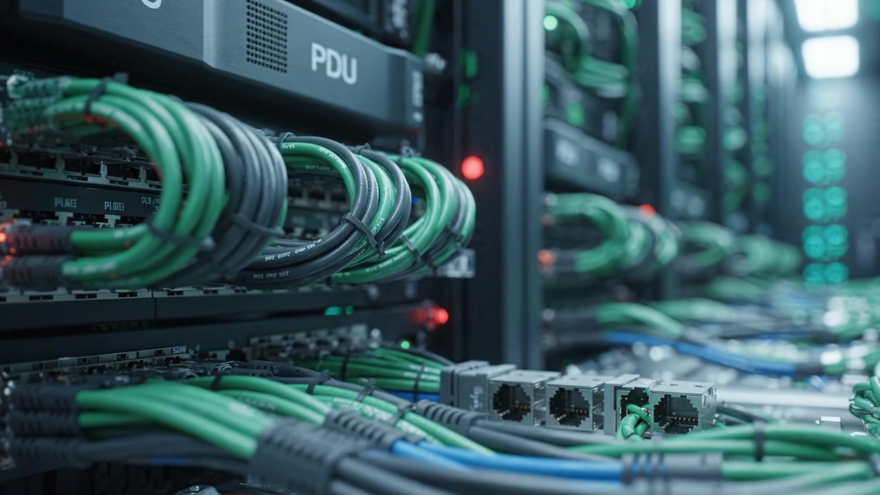 A Detailed View of Server Rack with Organized Network Cables and Lighting Indicators in a Modern Data Center Setup for Efficient Data Management